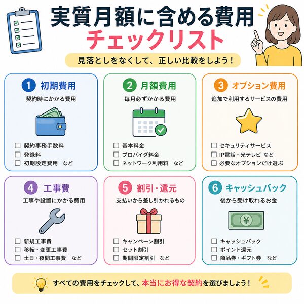 実質月額に含める費用チェックリスト(初期費用・月額・オプション・工事費・割引・キャッシュバック)