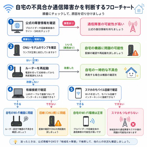 自宅の不具合か通信障害かを判断するフローチャート