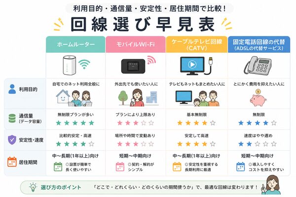 利用目的・通信量・安定性・居住期間で比較する回線選び早見表