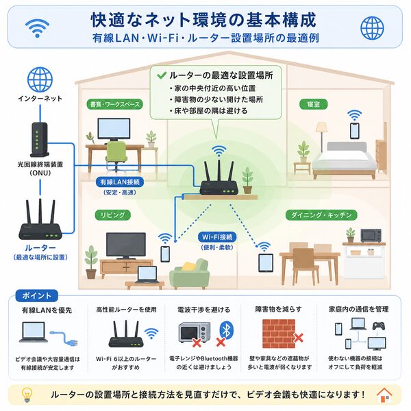 有線LAN・Wi-Fi・ルーター設置場所の最適なネットワーク環境図