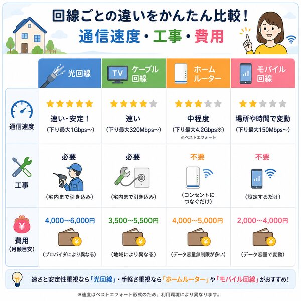 回線ごとの通信速度・工事・費用の違い