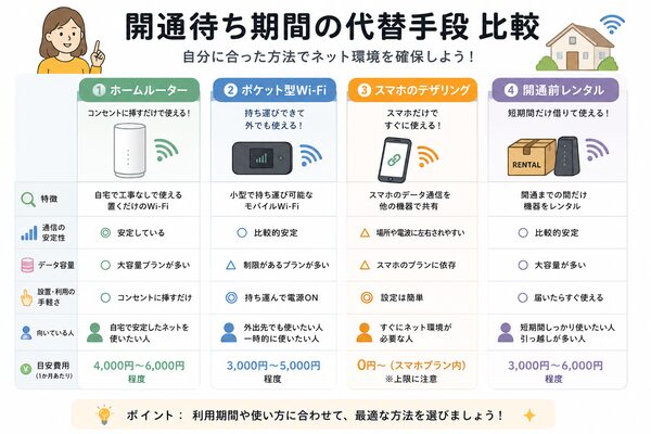 開通待ち期間の代替手段比較（ホームルーター・ポケット型Wi-Fi・テザリング・開通前レンタル）