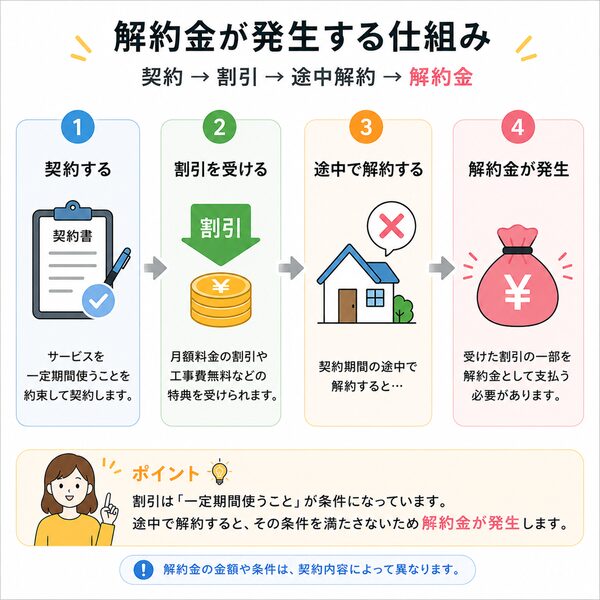 解約金が発生する仕組み(契約→割引→途中解約→解約金)
