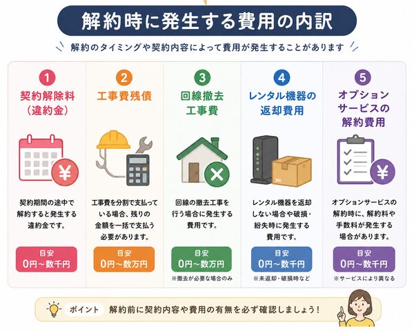 解約時に発生する費用の内訳（違約金・工事費残債・撤去費・返却費の一覧図）