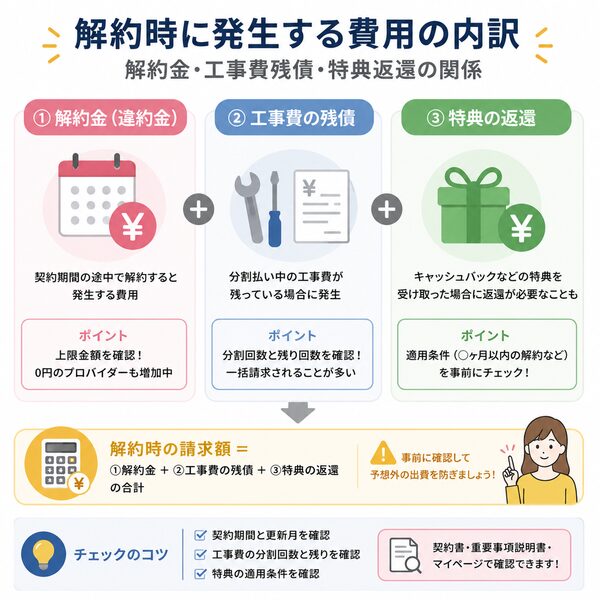 解約時に発生する費用の内訳(解約金・工事費残債・特典返還の関係)