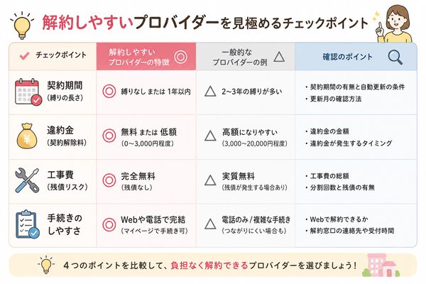 解約しやすいプロバイダーを見極めるチェックポイント比較表