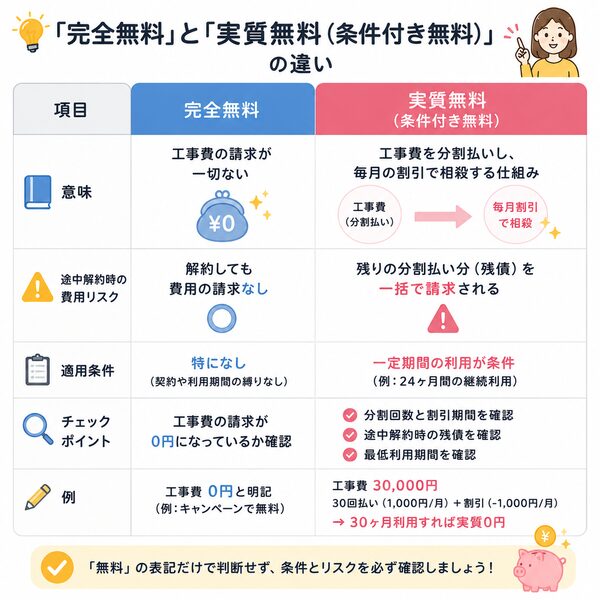 「完全無料」と「実質無料(条件付き無料)」の比較表
