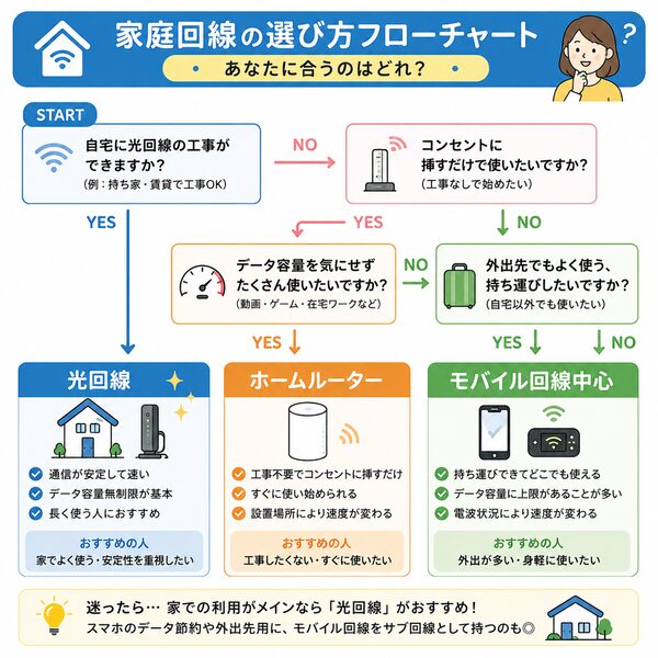 家庭回線の選び方フローチャート(光回線・ホームルーター・モバイル)