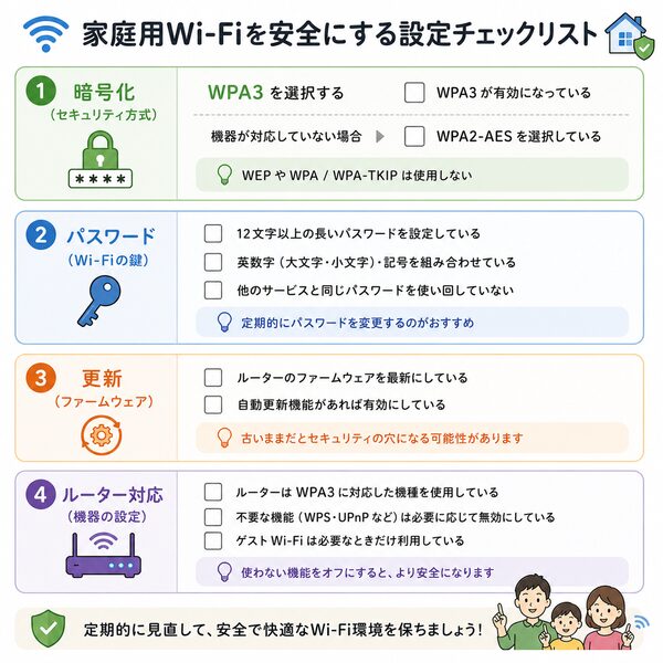 家庭用Wi-Fiを安全にする設定チェックリスト(暗号化・パスワード・更新・ルーター対応)