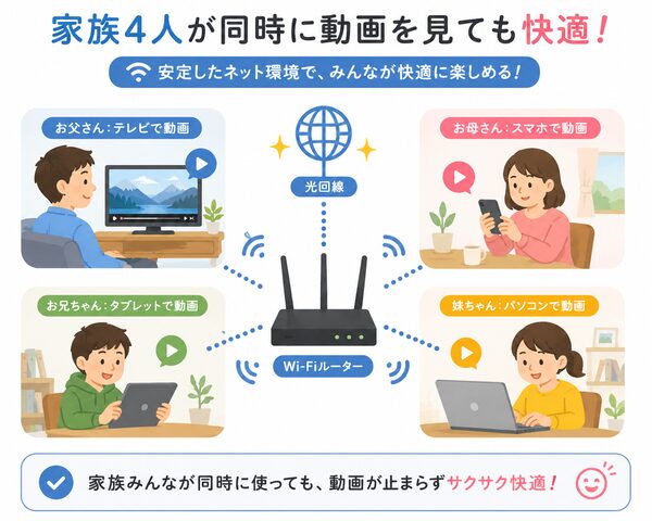 家族4人が同時に動画を見ても快適なネット環境イメージ