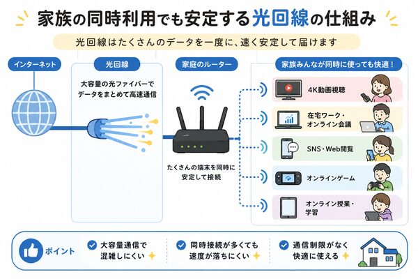 家族の同時利用でも安定する光回線の仕組み図