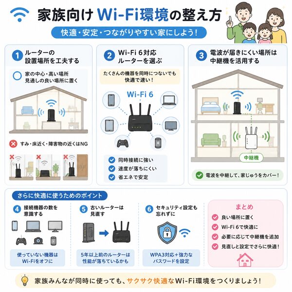 家族向けWi-Fi環境の整え方|ルーター配置・Wi-Fi 6・中継機
