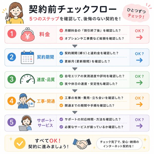 契約前チェックフロー(料金→契約期間→速度→工事→サポートを確認して契約)
