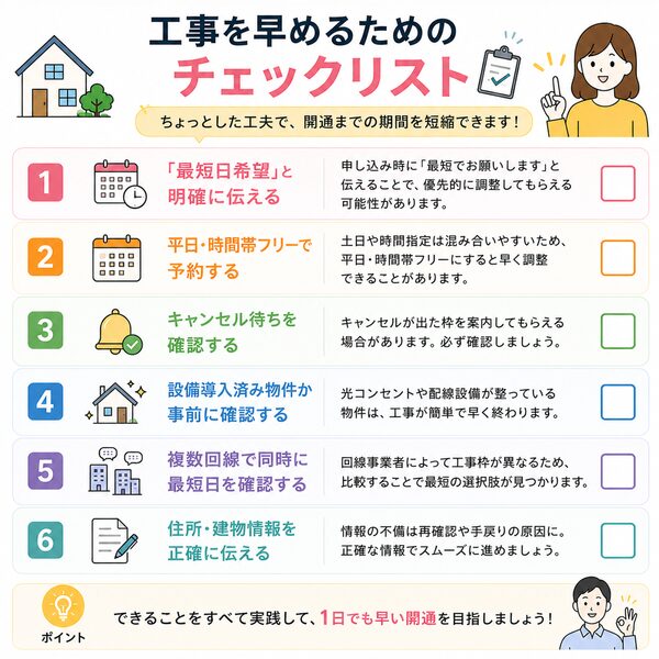 工事を早めるためのチェックリスト(最短日希望・平日予約・キャンセル待ちなど)