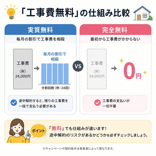 「工事費無料」の仕組み比較(完全無料 vs 実質無料)