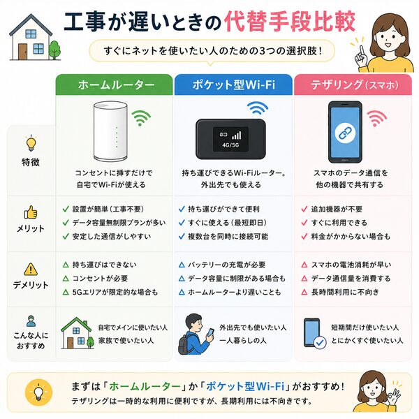 工事が遅いときの代替手段比較(ホームルーター・ポケット型Wi-Fi・テザリング)