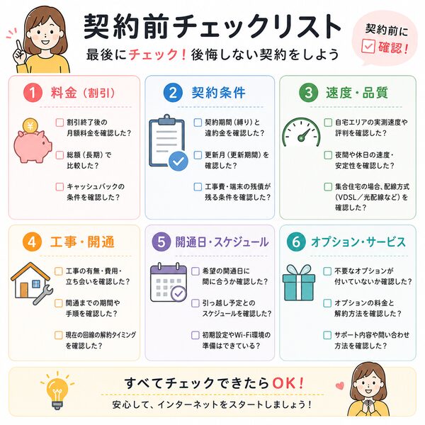 契約前チェックリスト(割引終了後・工事費・違約金・速度・開通日・オプションを確認)