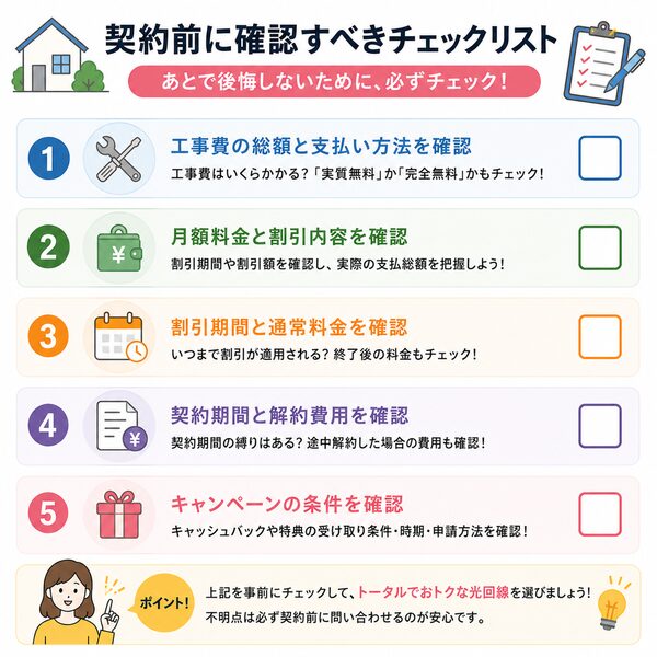 契約前に確認すべきチェックリスト(工事費・割引・解約金・キャンペーン条件)