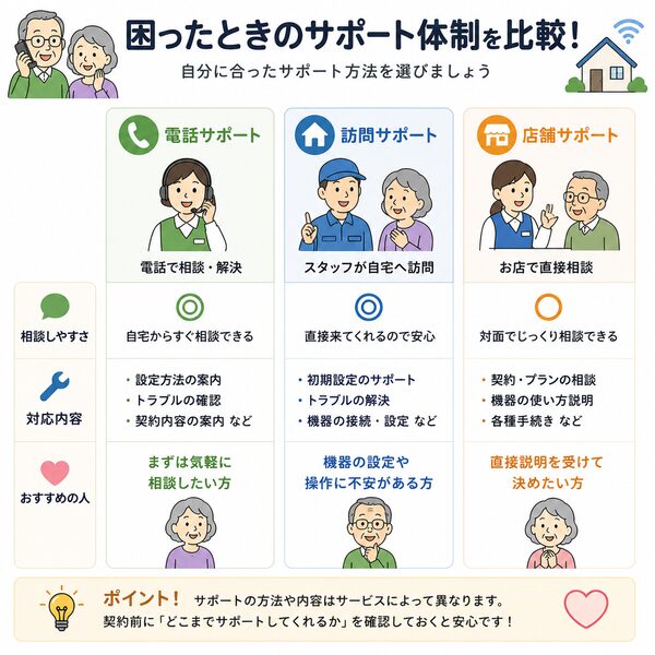 困ったときのサポート体制比較図(電話・訪問・店舗)