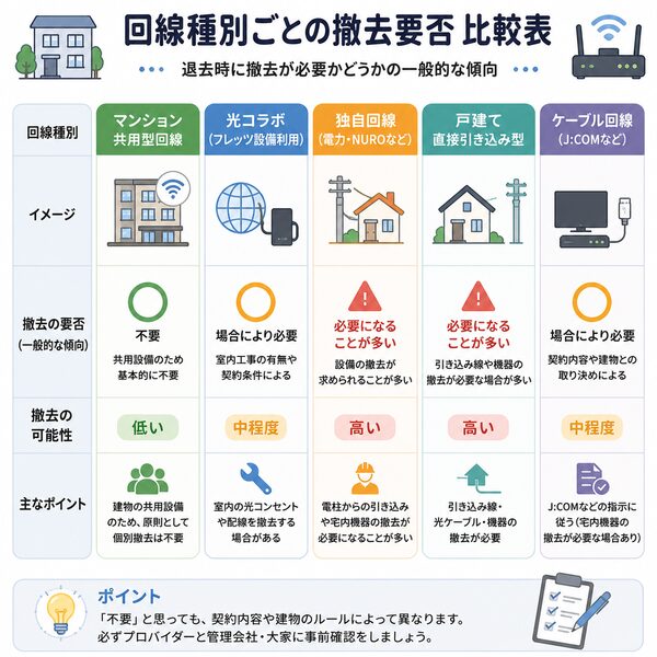 回線種別ごとの撤去要否比較図(マンション共用・光コラボ・独自回線・戸建て・ケーブル)