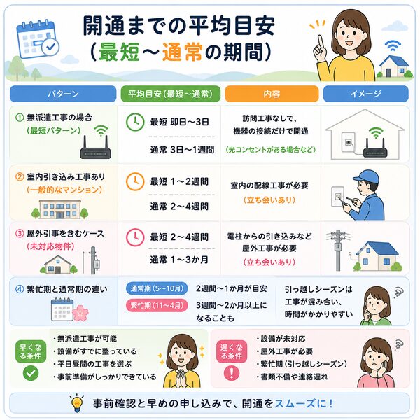 開通までの平均目安(最短〜通常の期間)