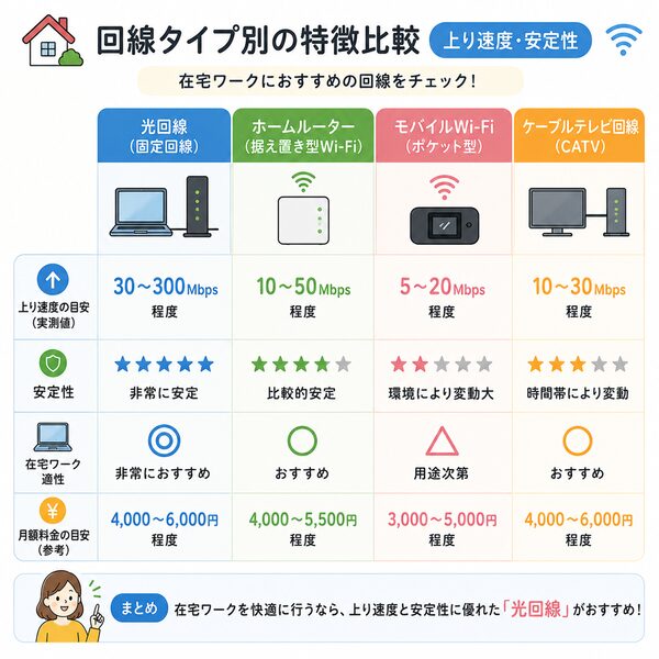 回線タイプ別の特徴比較（上り速度・安定性）