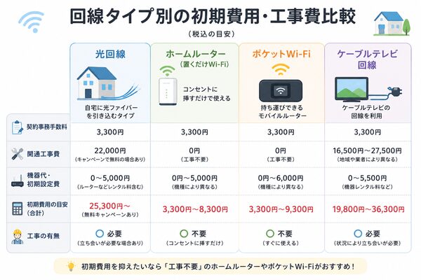 回線タイプ別の初期費用・工事費比較表(光回線・ホームルーター・ポケットWi-Fi・ケーブルテレビ)