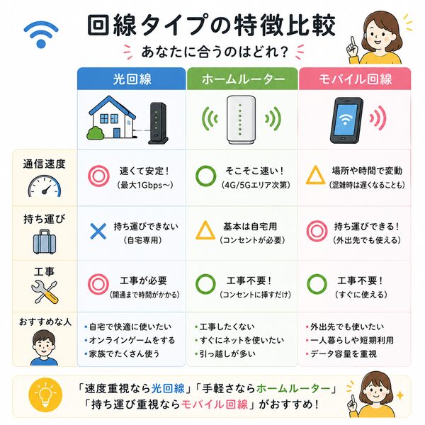 回線タイプの特徴比較（光・ホームルーター・モバイル）