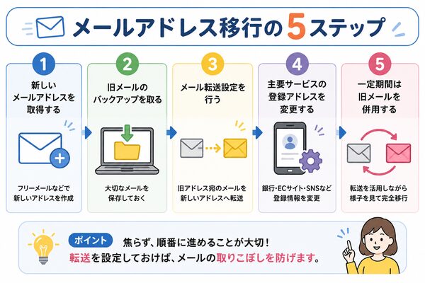 メールアドレス移行の5ステップ(取得→バックアップ→転送→登録変更→併用)