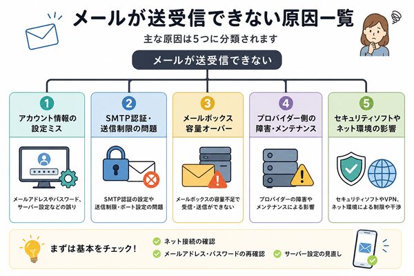 メールが送受信できない原因一覧（全体像フローチャート）