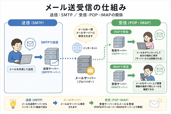 メール送受信の仕組み（送信：SMTP／受信：POP・IMAPの関係図）