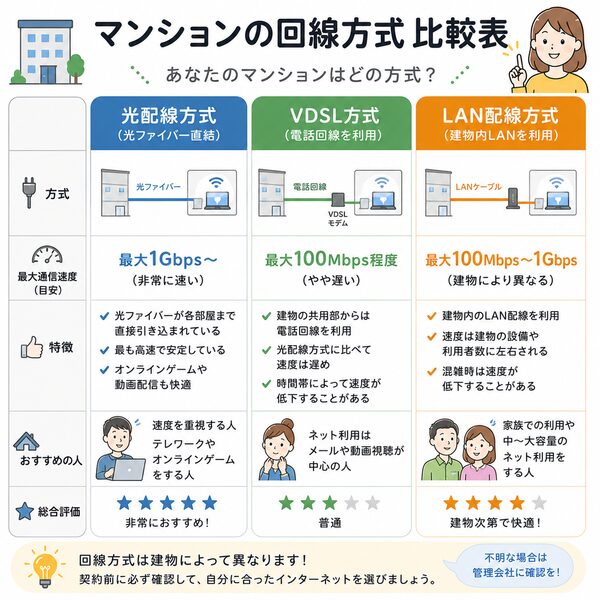 マンションの回線方式比較図(光配線方式・VDSL方式・LAN配線方式の速度・特徴を比較)