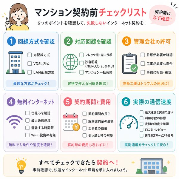 マンション契約前チェックリスト(回線方式・対応回線・管理会社許可・無料ネット・契約期間・実測速度)