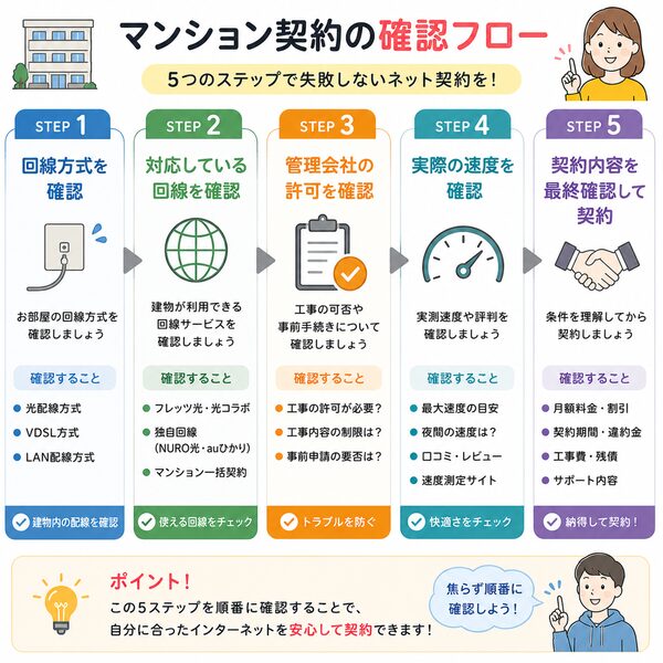マンション契約の確認フロー(回線方式確認→対応回線確認→管理会社確認→速度確認→契約)