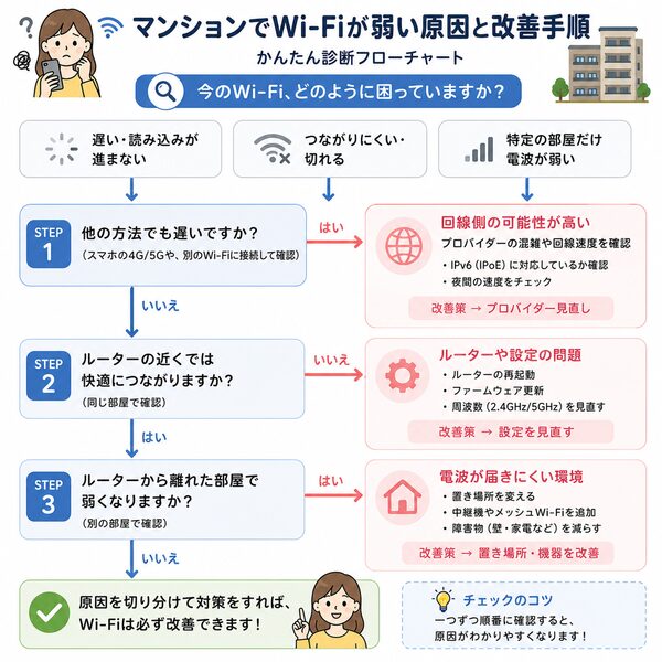 マンションでWi-Fiが弱い原因と改善手順【フローチャート】