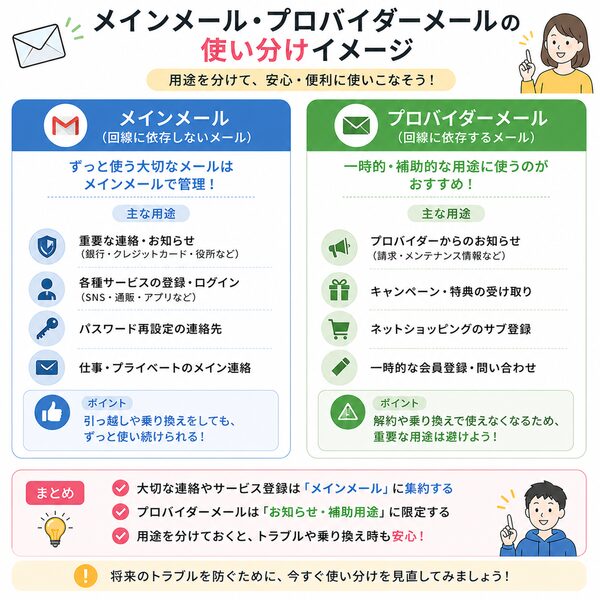 メインメール・プロバイダーメールの使い分けイメージ図