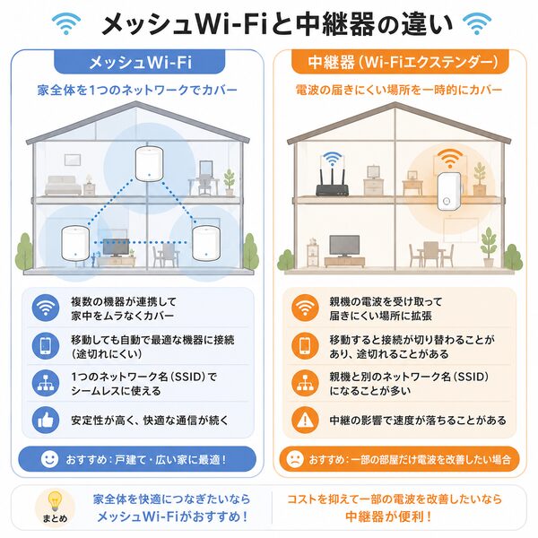 メッシュWi-Fiと中継器の違い比較図