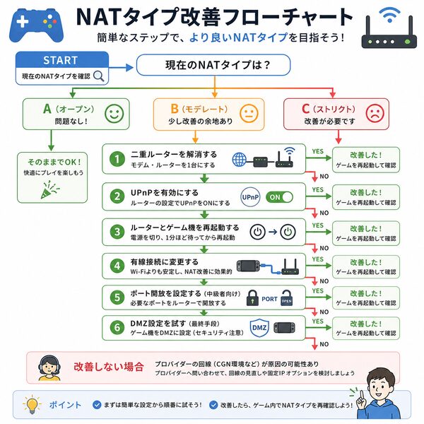 NATタイプ改善フローチャート