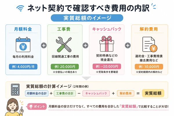 ネット契約で確認すべき費用の内訳(実質総額のイメージ図