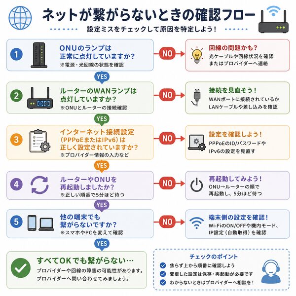 ネットが繋がらないときの確認フロー(設定ミス診断)