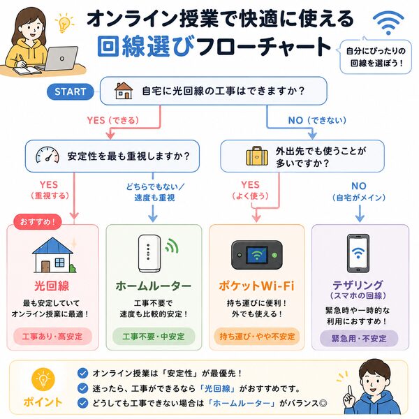 オンライン授業で快適に使える回線選びフローチャート
