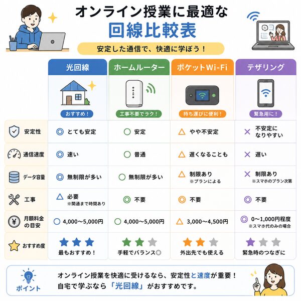 オンライン授業に最適な回線比較表(光回線・ホームルーター・ポケットWi-Fi・テザリング)