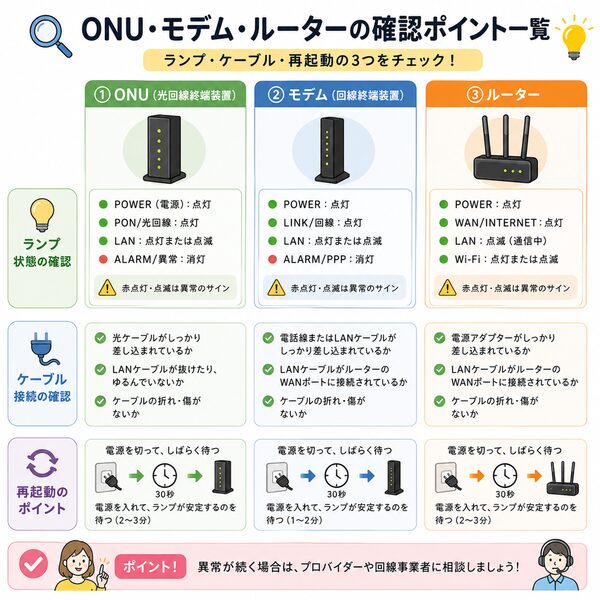 ONU・モデム・ルーターの確認ポイント一覧
