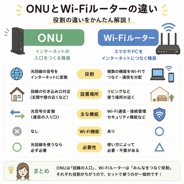 ONUとWi-Fiルーターの違いがひと目でわかる比較図