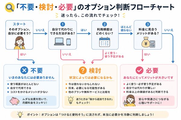 「不要・検討・必要」のオプション判断フローチャート