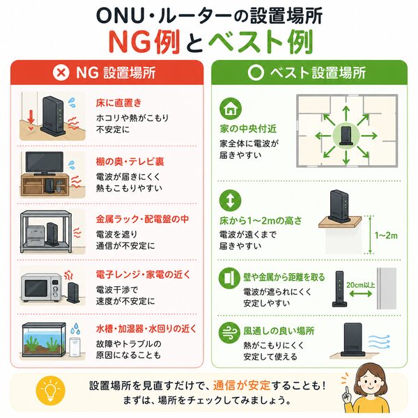ONU・ルーターのNG設置場所とベスト設置場所比較図