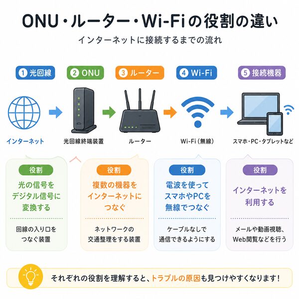 ONU・ルーター・Wi-Fiの役割の違い