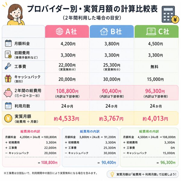 プロバイダー別・実質月額の計算比較表