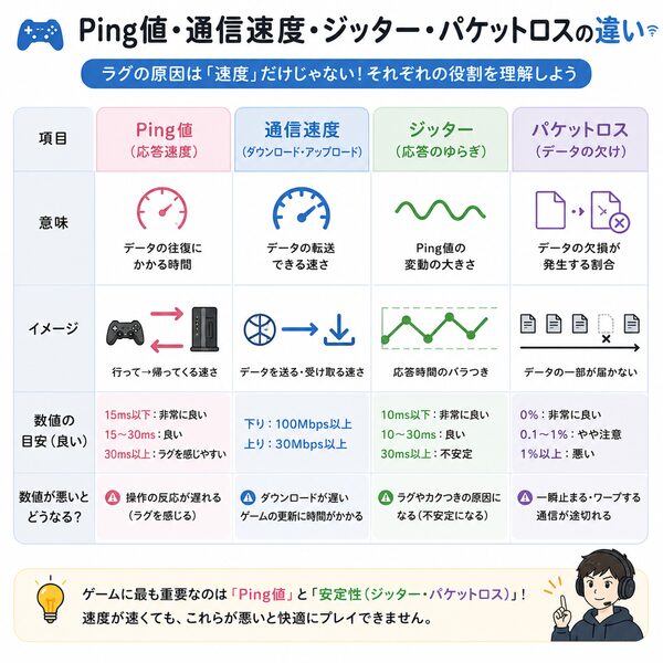 Ping値・通信速度・ジッター・パケットロスの違い比較図