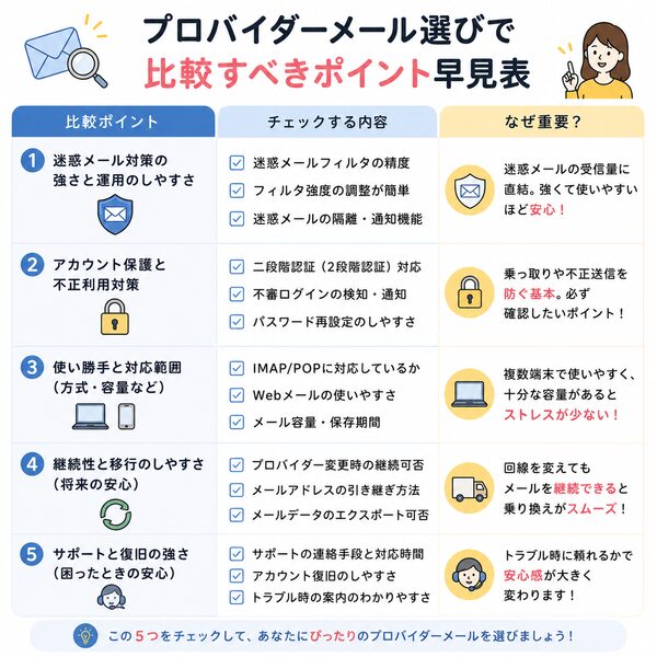 プロバイダーメール選びで比較すべきポイント早見表